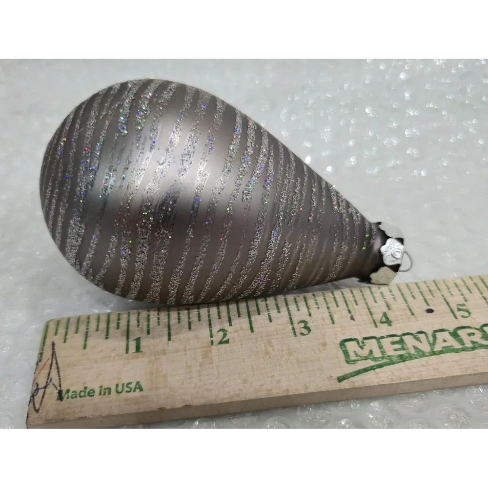 Large Vintage Silver Glitter Teardrop Christmas Ornament Striped Onion Shape